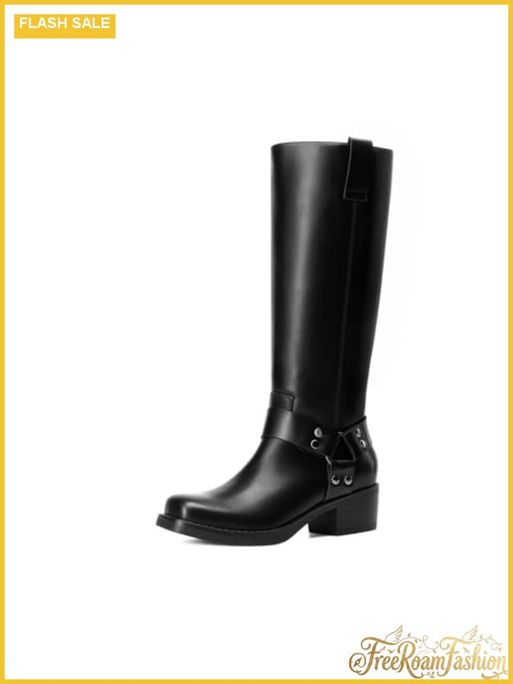 Women's Knee-High Motorcycle Boots Faux Leather Square Toe Block Heel